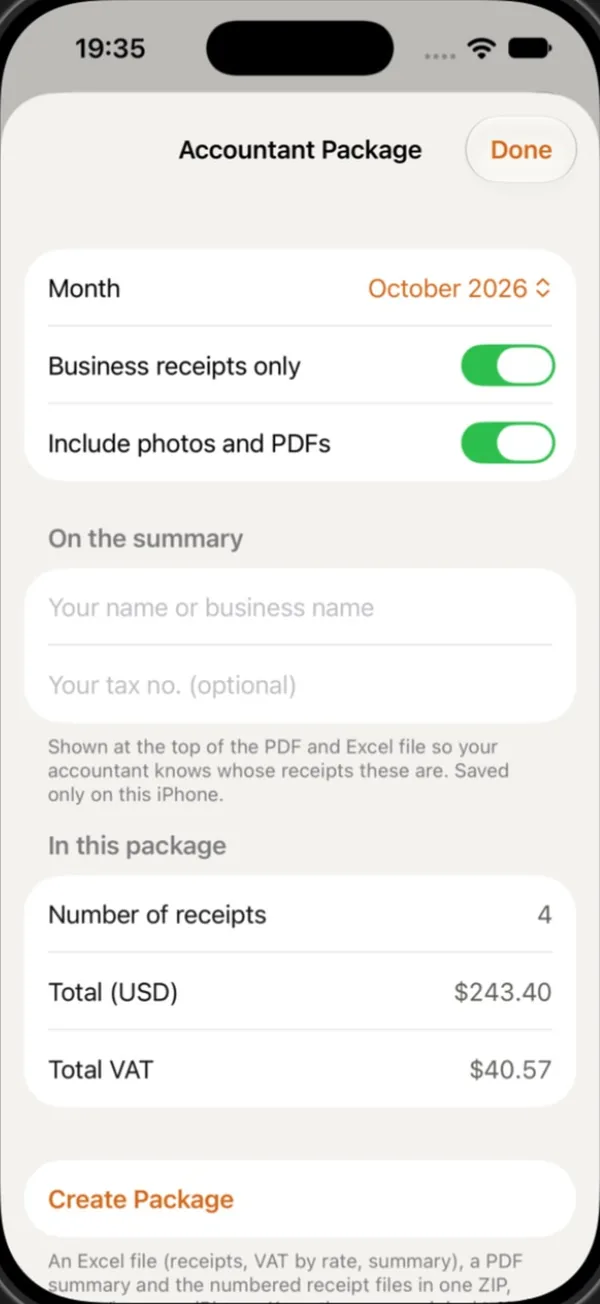 The accountant package in Keeptly: month, business receipts only, and what goes into the ZIP.