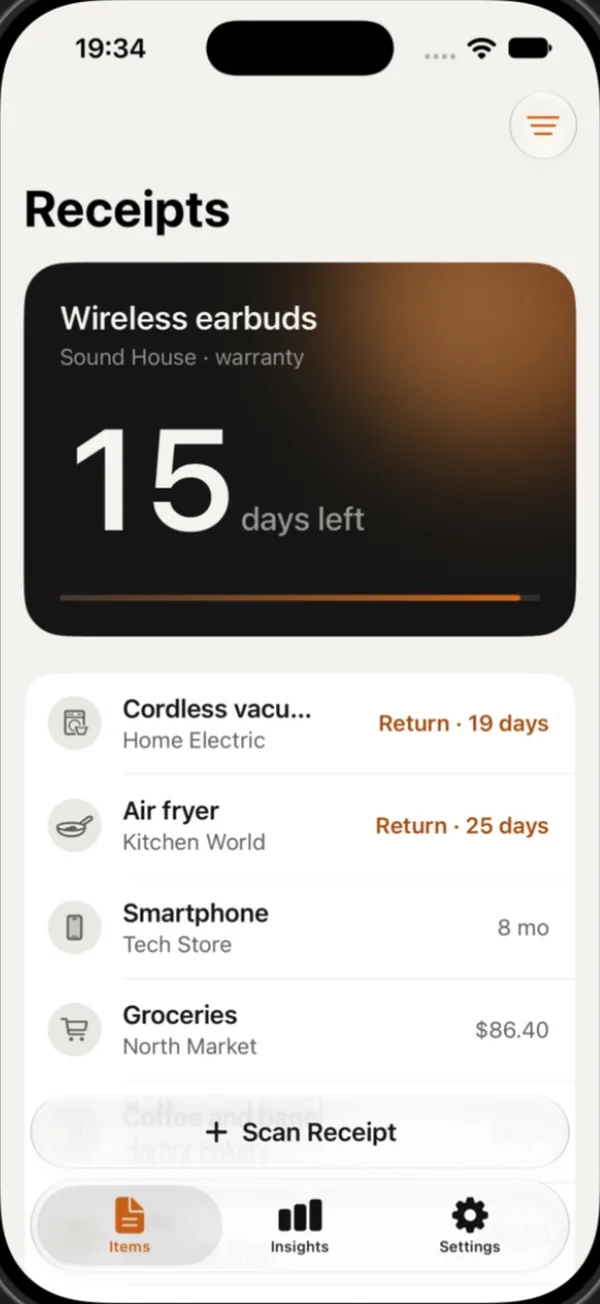 Keeptly shows how many days are left on each warranty and return window.