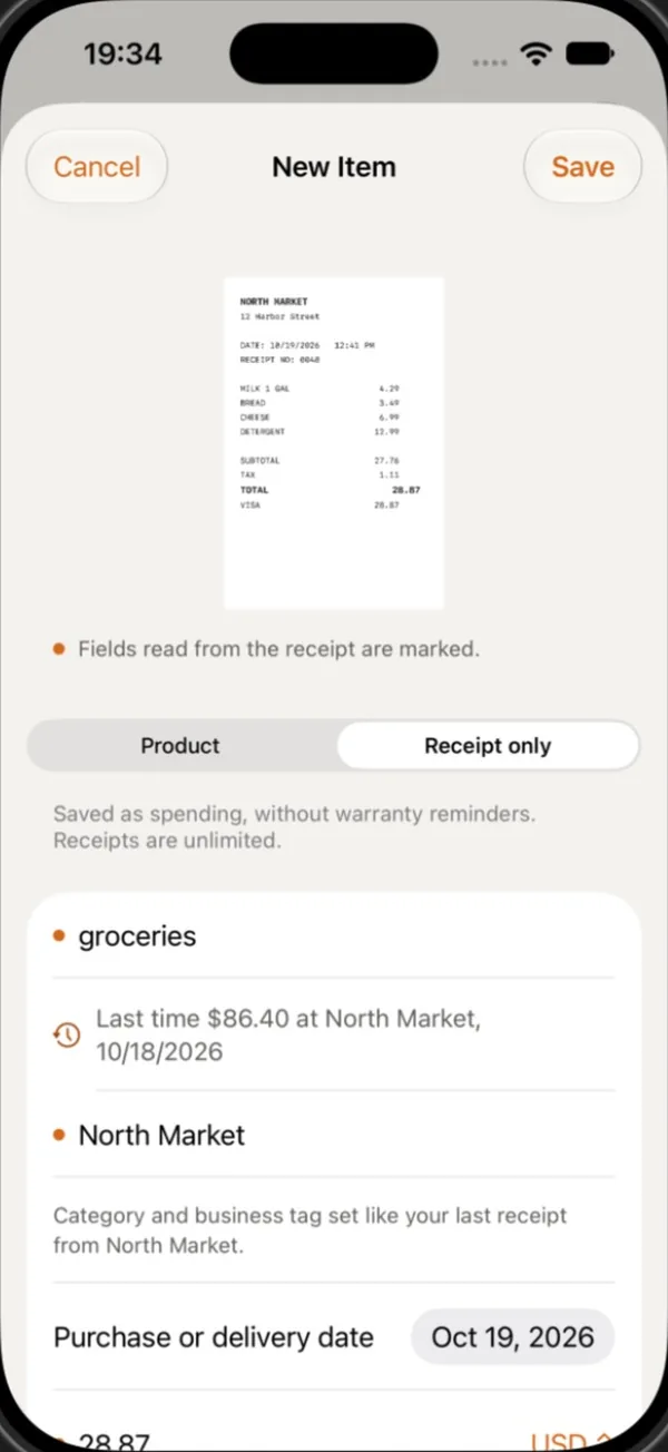 Keeptly reads a receipt on your iPhone and marks the fields it found.