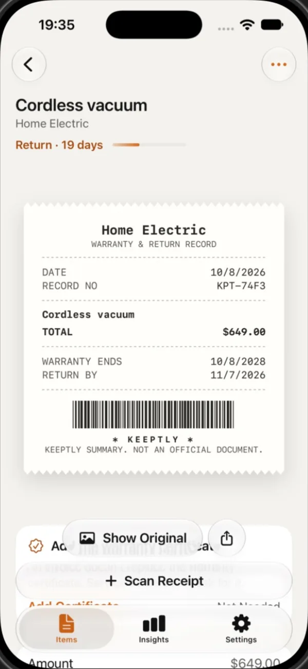 A product page in Keeptly: the receipt, the warranty end date and the return date together.