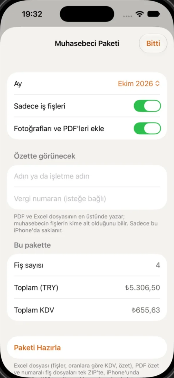 Keeptly'de Muhasebeci Paketi: ay, yalnızca iş fişleri ve pakete giren dosyalar.