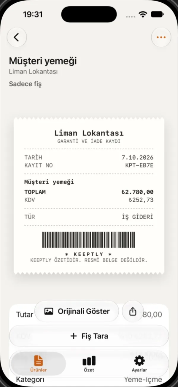 Keeptly'de bir restoran fişi: toplam ₺2.780,00, içindeki %10 KDV ₺252,73.