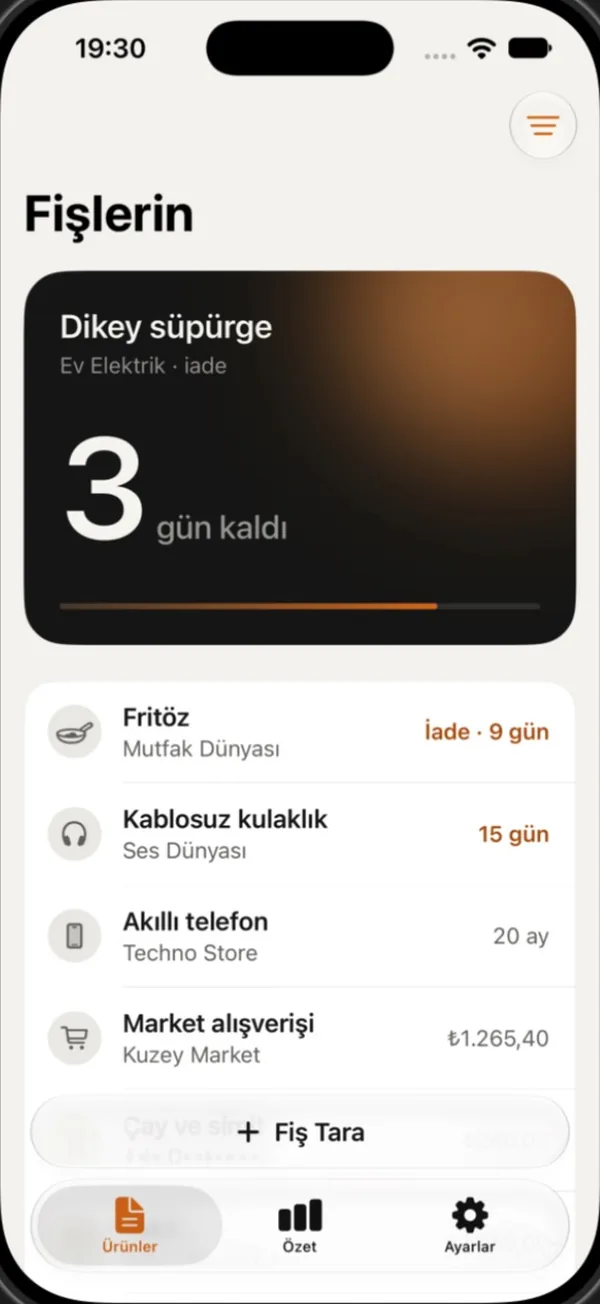 Keeptly her ürünün garanti ve iade süresinden kaç gün kaldığını gösterir.