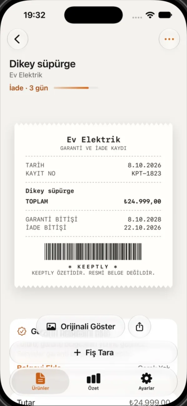 Keeptly'de bir ürün sayfası: fiş, garanti bitişi ve iade süresi bir arada.